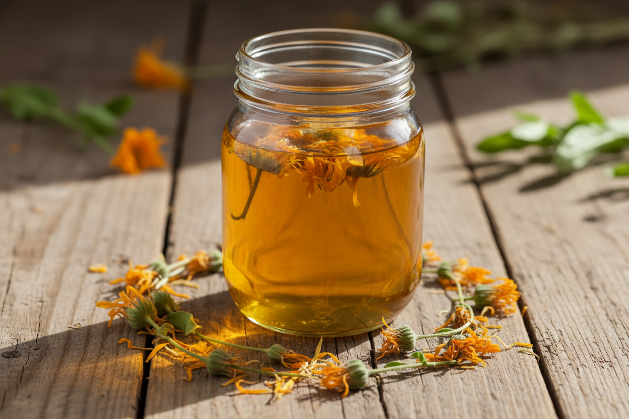 calendula infused olive oil in mason jar with dried marigolds around