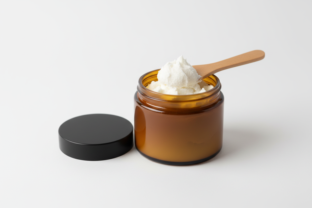 whipped body butter in amber jar with black lid